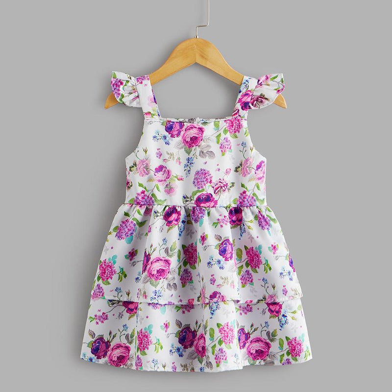Girls Floral Printed Sleeveless Layered Suspender Dress Wholesale Little Girl Boutique clothes - PrettyKid
