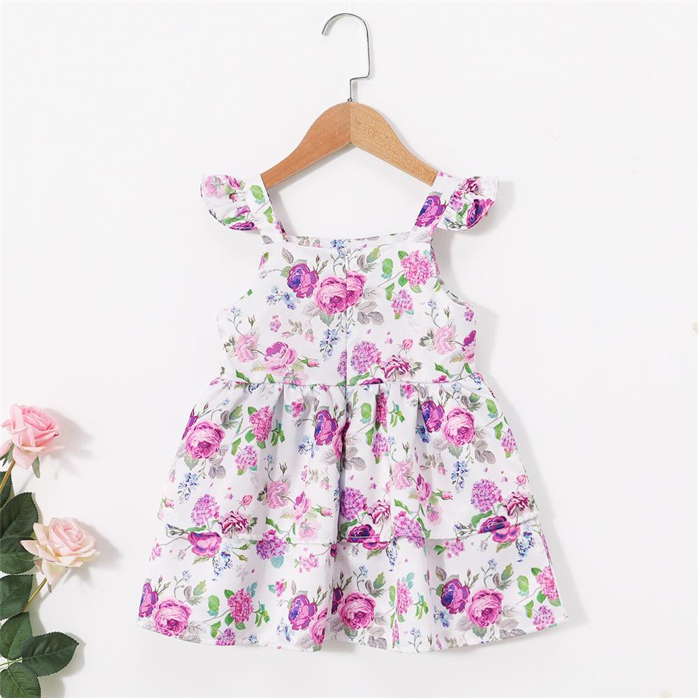Girls Floral Printed Sleeveless Layered Suspender Dress Wholesale Little Girl Boutique clothes - PrettyKid