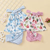 Baby Girls Floral Printed Sleeveless Striped Bow Decor Top & Shorts Baby Wholesale Clothes - PrettyKid