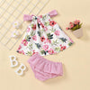 Baby Girls Floral Printed Sleeveless Striped Bow Decor Top & Shorts Baby Wholesale Clothes - PrettyKid