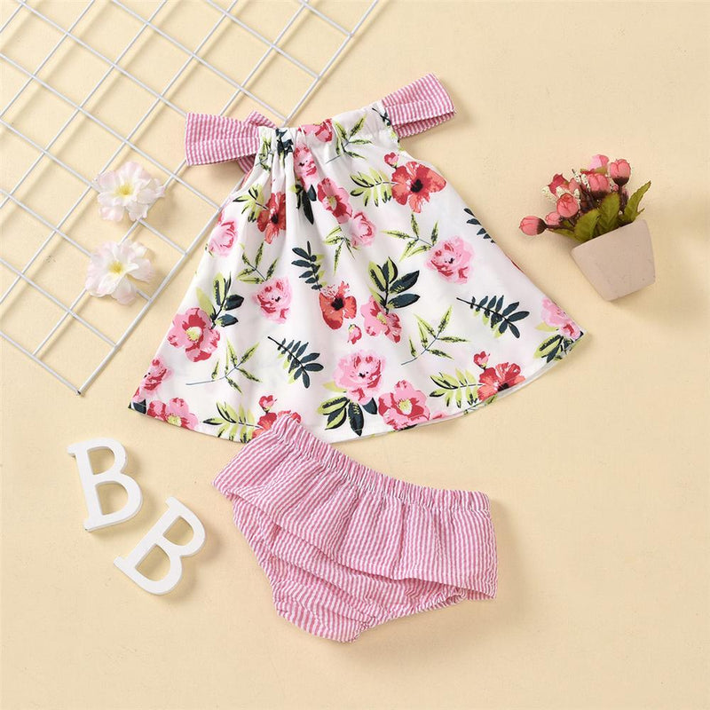 Baby Girls Floral Printed Sleeveless Striped Bow Decor Top & Shorts Baby Wholesale Clothes - PrettyKid