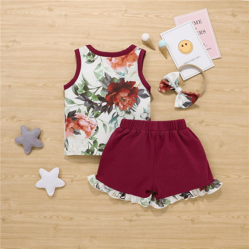 Baby Girls Floral Printed Sleeveless Top & Shorts & Headband Boutique Baby clothing Wholesale - PrettyKid