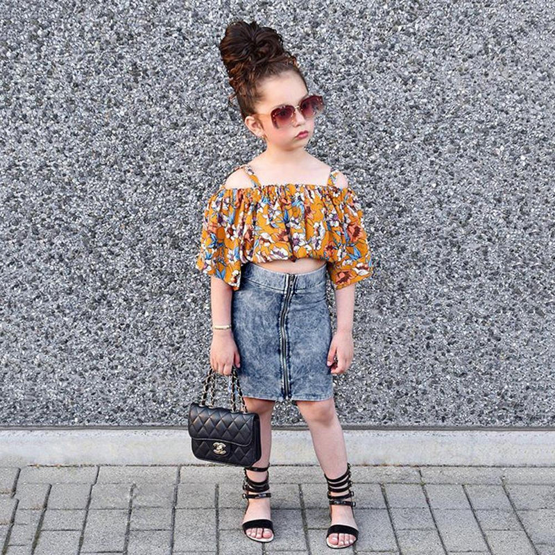 Girls Floral Printed Sling Short Sleeve Top & Solid Denim Skirt Toddler Girls Wholesale - PrettyKid