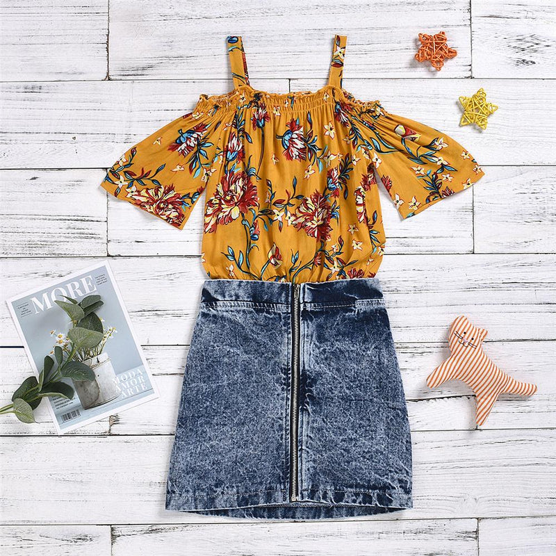 Girls Floral Printed Sling Short Sleeve Top & Solid Denim Skirt Toddler Girls Wholesale - PrettyKid