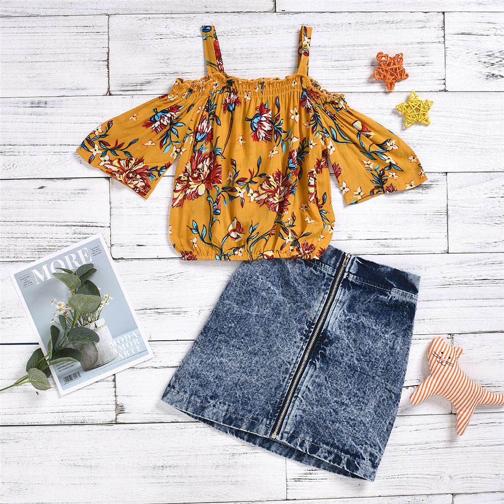 Girls Floral Printed Sling Short Sleeve Top & Solid Denim Skirt Toddler Girls Wholesale - PrettyKid