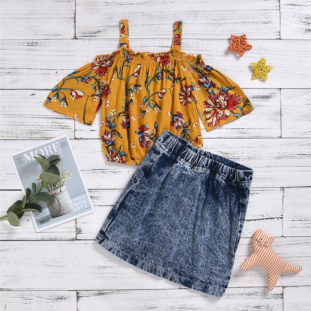 Girls Floral Printed Sling Short Sleeve Top & Solid Denim Skirt Toddler Girls Wholesale - PrettyKid