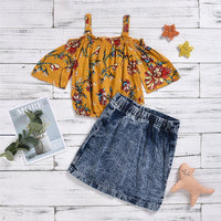 Girls Floral Printed Sling Short Sleeve Top & Solid Denim Skirt Toddler Girls Wholesale - PrettyKid