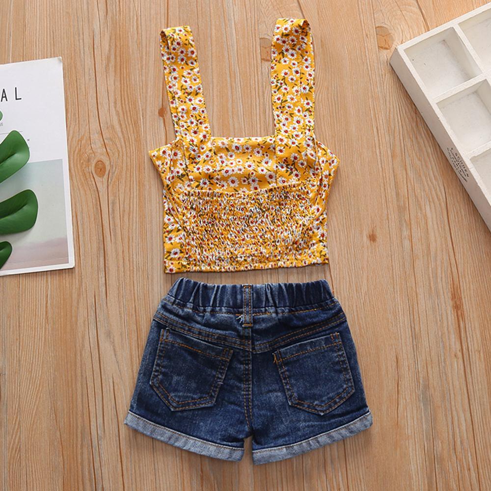 Girls Floral Printed Sling Tube Top & Denim Shorts Bulk Baby Girl clothing - PrettyKid