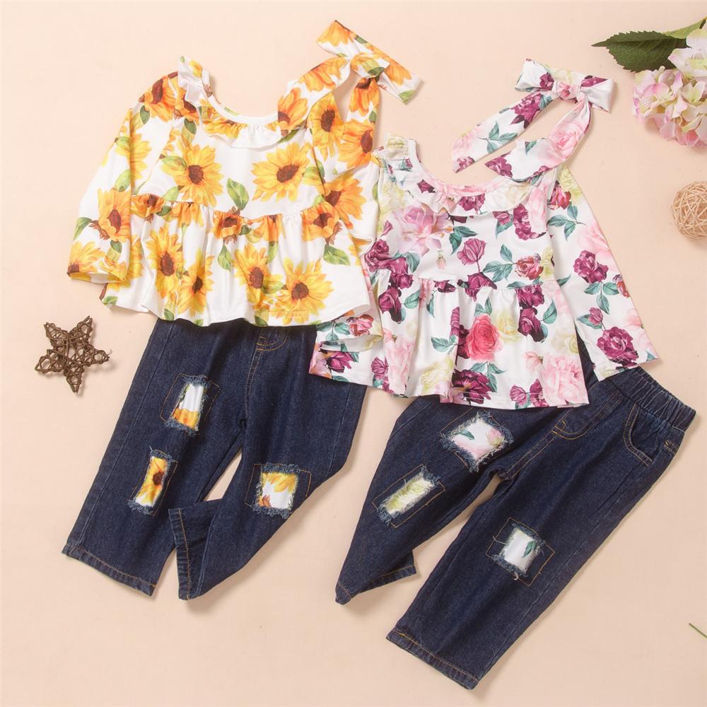 Girls Floral Printed Top & Patch Jeans & Headband Wholesale Girl Clothing - PrettyKid