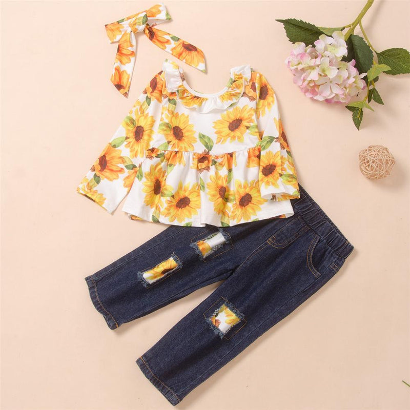 Girls Floral Printed Top & Patch Jeans & Headband Wholesale Girl Clothing - PrettyKid