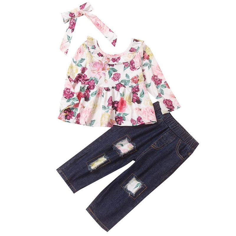 Girls Floral Printed Top & Patch Jeans & Headband Wholesale Girl Clothing - PrettyKid