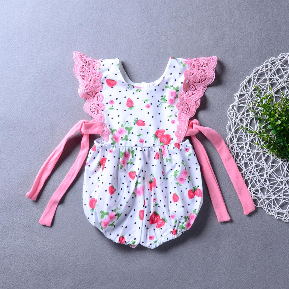 Baby Girls Floral Strawberry Printed Bow Decor Sleeveless Jumpsuit Baby Summer Clothes - PrettyKid