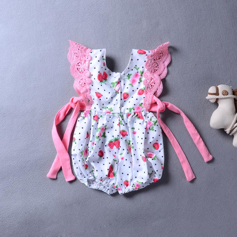Baby Girls Floral Strawberry Printed Bow Decor Sleeveless Jumpsuit Baby Summer Clothes - PrettyKid
