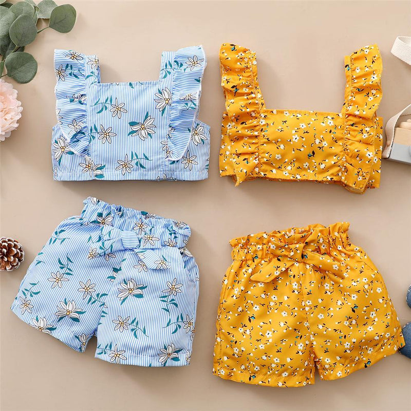 Toddler Girls Floral Striped Ruffled Sling Top & Shorts emc baby clothes wholesale - PrettyKid