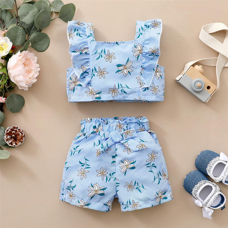 Toddler Girls Floral Striped Ruffled Sling Top & Shorts emc baby clothes wholesale - PrettyKid