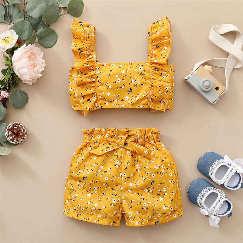 Toddler Girls Floral Striped Ruffled Sling Top & Shorts emc baby clothes wholesale - PrettyKid