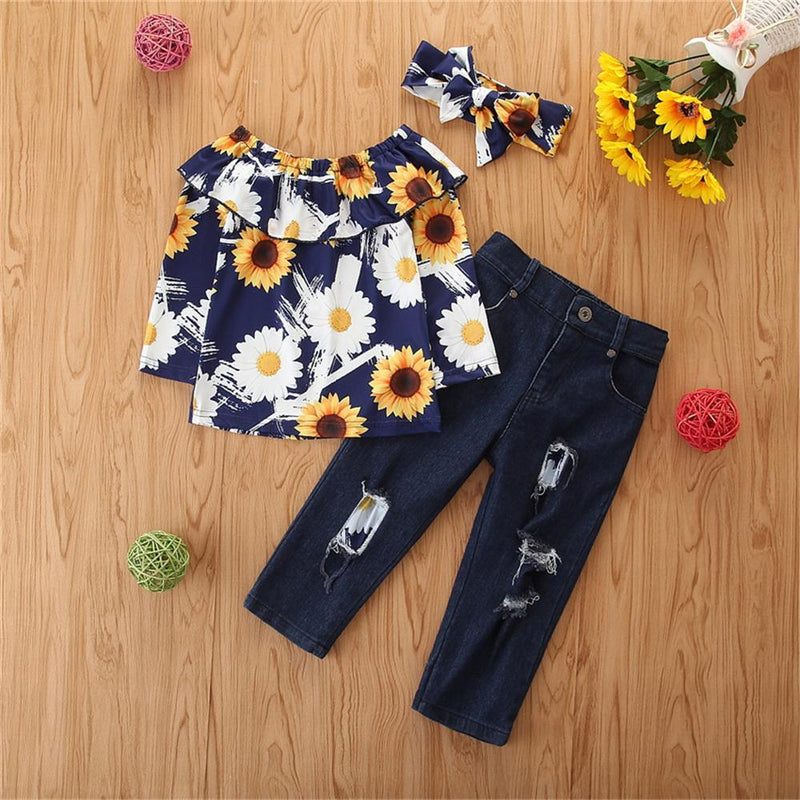 Girls Floral Sunflower Printed Long Sleeve Top & Ripped Jeans & Headband Wholesale Childrens Clothing - PrettyKid