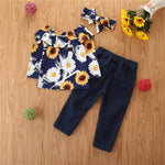 Girls Floral Sunflower Printed Long Sleeve Top & Ripped Jeans & Headband Wholesale Childrens Clothing - PrettyKid