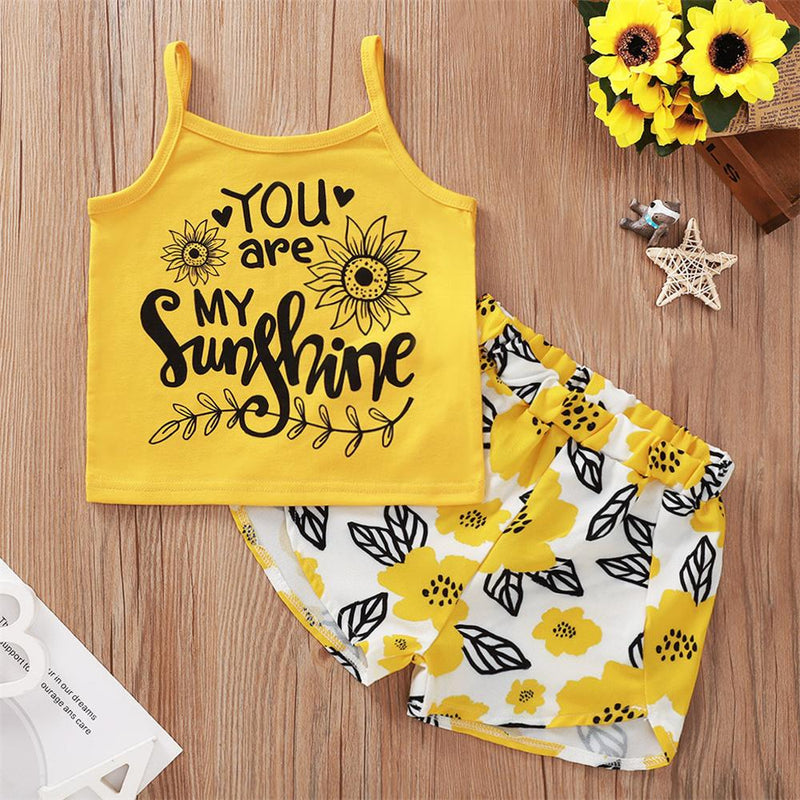 Girls Floral You Are My Sunshine Printed Tank Top & Shorts Kids Wholesale clothes - PrettyKid