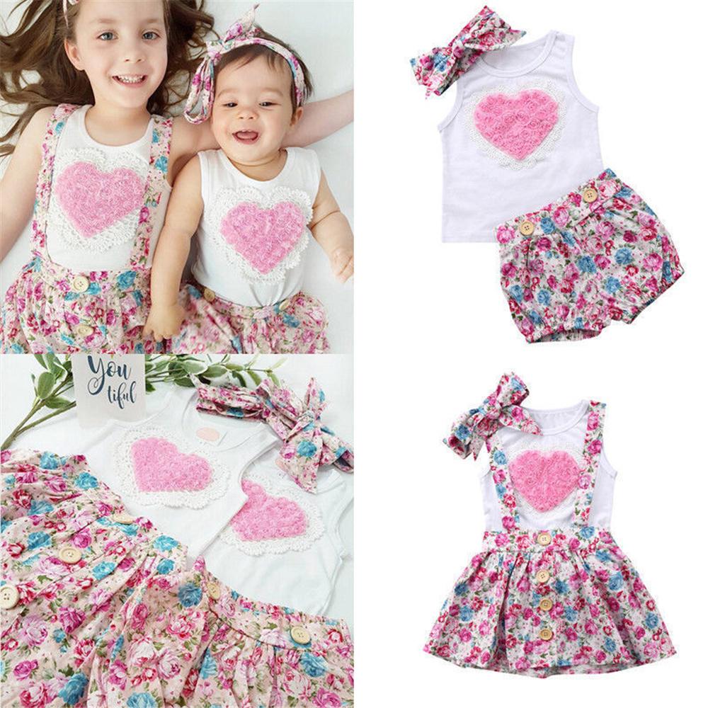 Girls Flower Heart Sleeveless Vest & Floral Printed Suspender Skirt Girls Clothing Wholesalers - PrettyKid