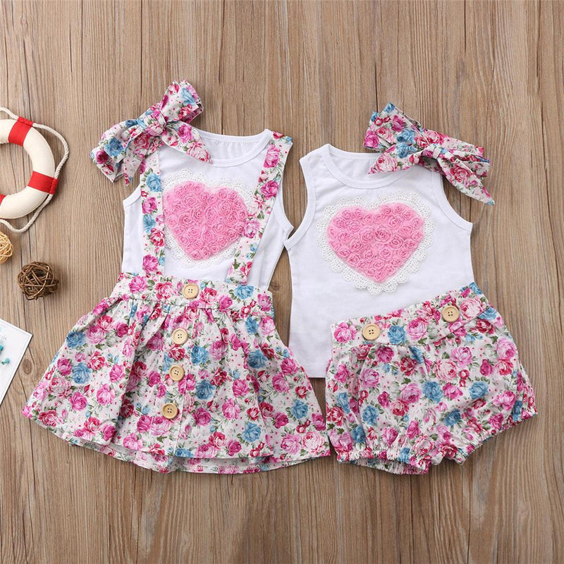 Girls Flower Heart Sleeveless Vest & Floral Printed Suspender Skirt Girls Clothing Wholesalers - PrettyKid