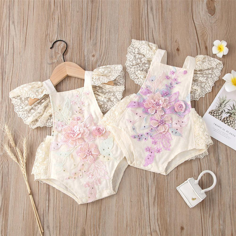 Baby Girls Flower Lace Sling Flying Sleeve Romper Baby clothing vendors - PrettyKid