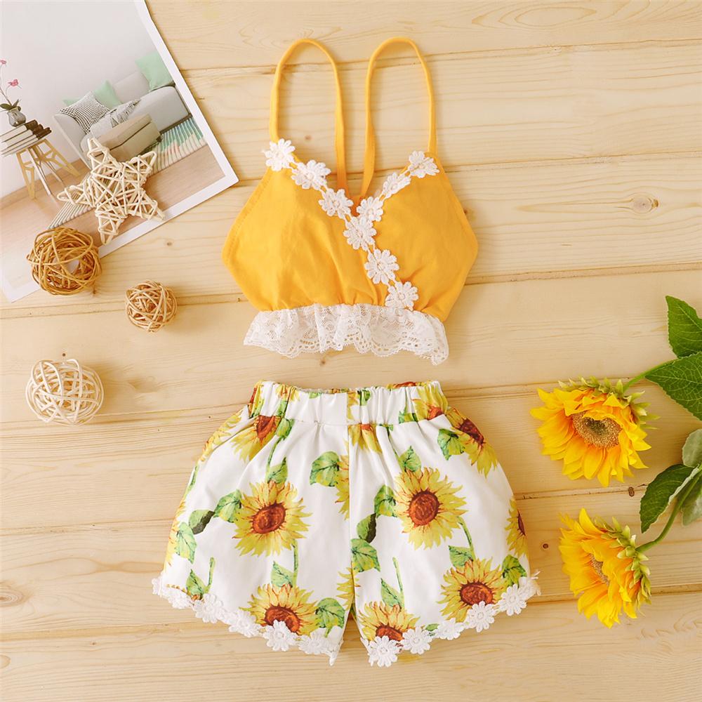 Baby Girls Flower Lace Splicing Sling Top & Shorts Cheap Baby clothing - PrettyKid