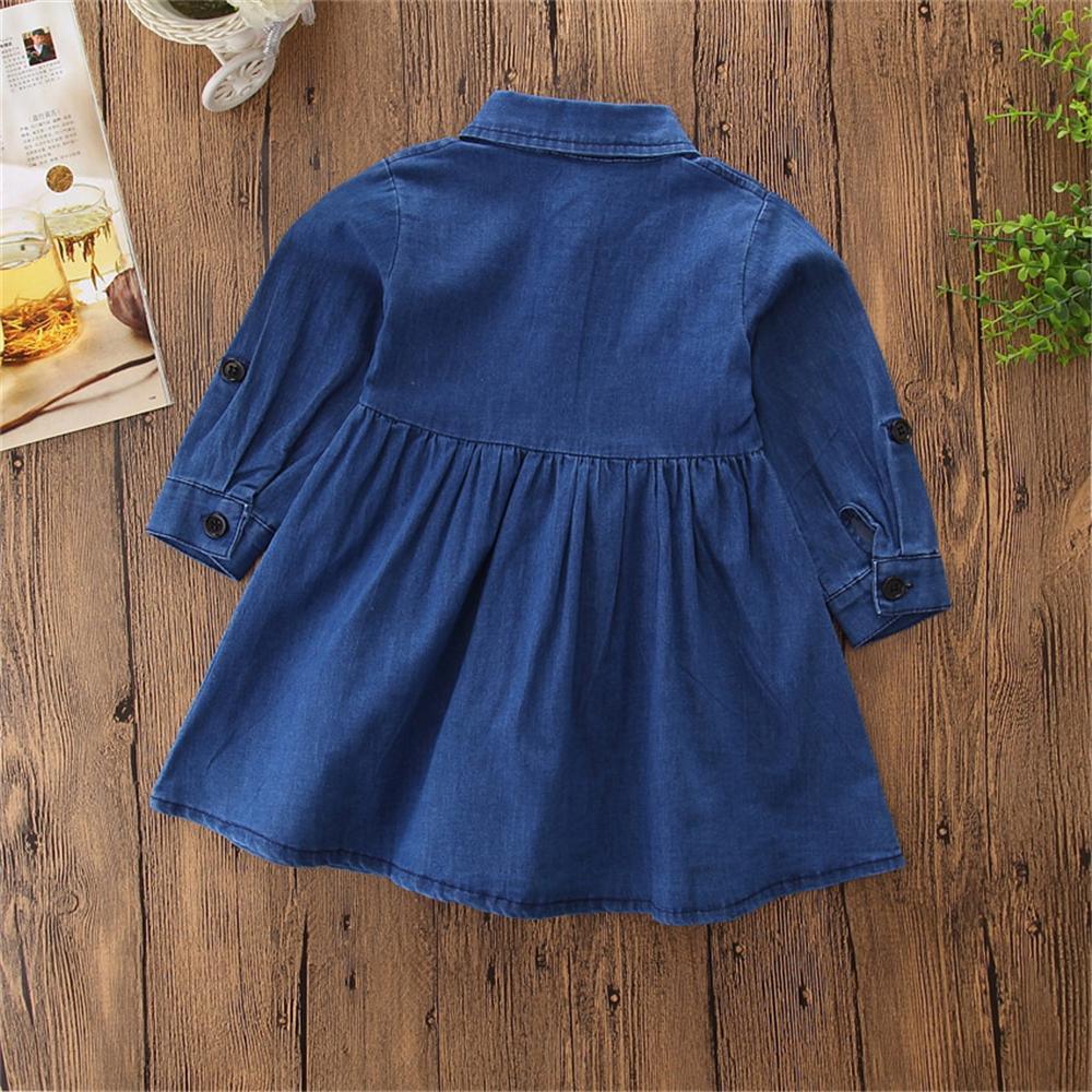 Girls Flower Lapel Long Sleeve Denim Wholesale Girls Dresses - PrettyKid