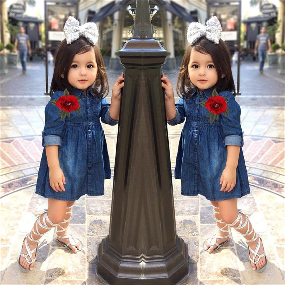 Girls Flower Lapel Long Sleeve Denim Wholesale Girls Dresses - PrettyKid