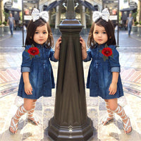 Girls Flower Lapel Long Sleeve Denim Wholesale Girls Dresses - PrettyKid