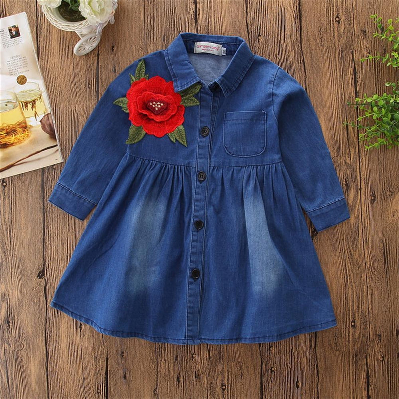 Girls Flower Lapel Long Sleeve Denim Wholesale Girls Dresses - PrettyKid