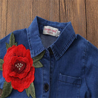 Girls Flower Lapel Long Sleeve Denim Wholesale Girls Dresses - PrettyKid