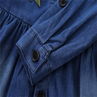 Girls Flower Lapel Long Sleeve Denim Wholesale Girls Dresses - PrettyKid