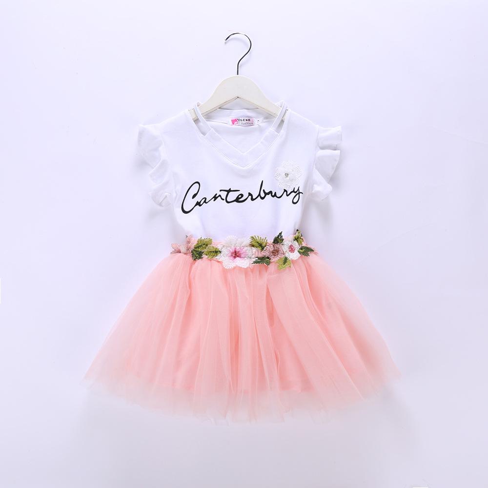 Girls Flower Letter Printed Short-sleeve Top & Tulle Skirt Girls Clothes Wholesale - PrettyKid