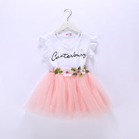 Girls Flower Letter Printed Short-sleeve Top & Tulle Skirt Girls Clothes Wholesale - PrettyKid