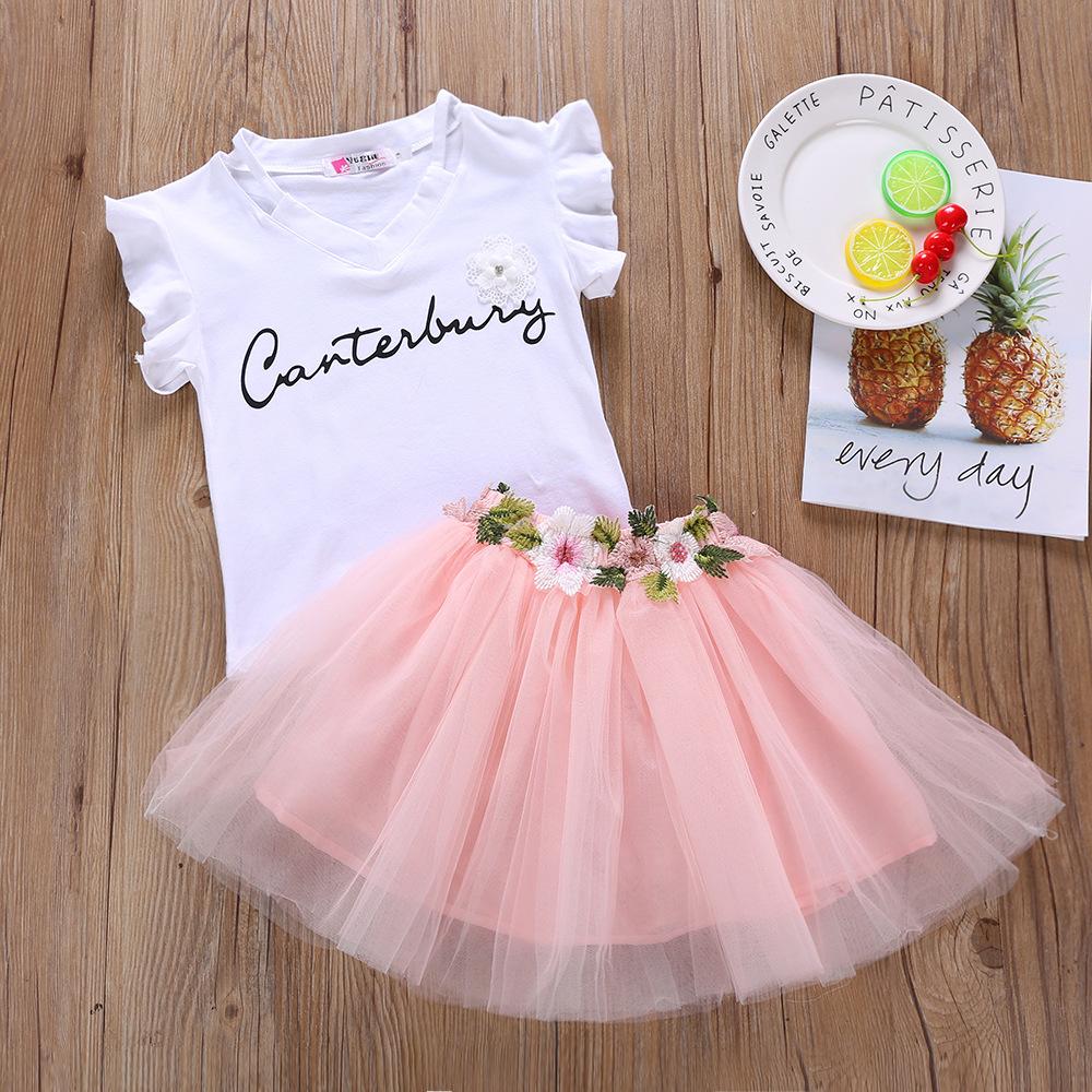 Girls Flower Letter Printed Short-sleeve Top & Tulle Skirt Girls Clothes Wholesale - PrettyKid