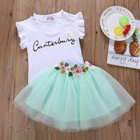 Girls Flower Letter Printed Short-sleeve Top & Tulle Skirt Girls Clothes Wholesale - PrettyKid