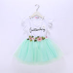 Girls Flower Letter Printed Short-sleeve Top & Tulle Skirt Girls Clothes Wholesale - PrettyKid
