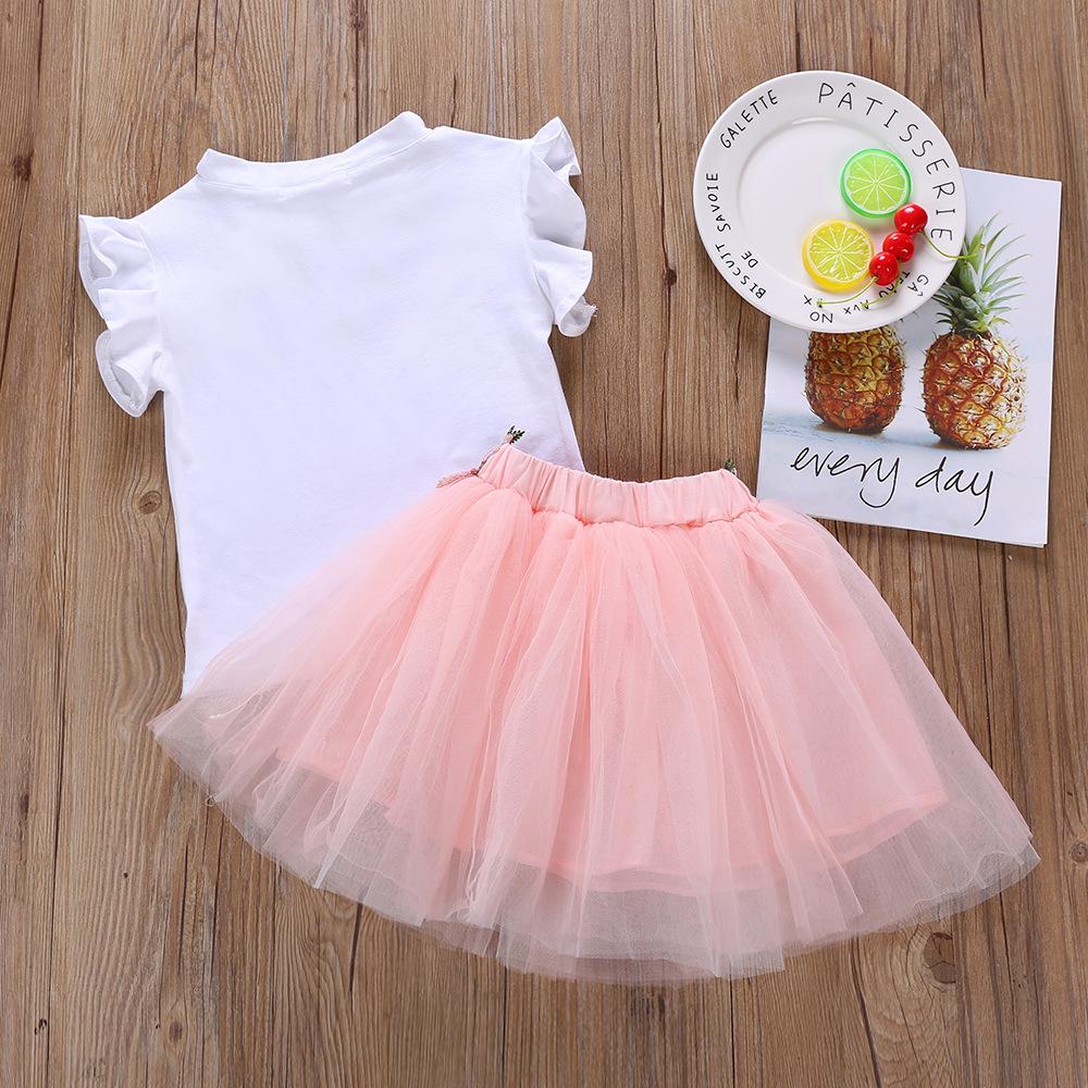 Girls Flower Letter Printed Short-sleeve Top & Tulle Skirt Girls Clothes Wholesale - PrettyKid