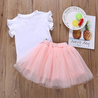 Girls Flower Letter Printed Short-sleeve Top & Tulle Skirt Girls Clothes Wholesale - PrettyKid