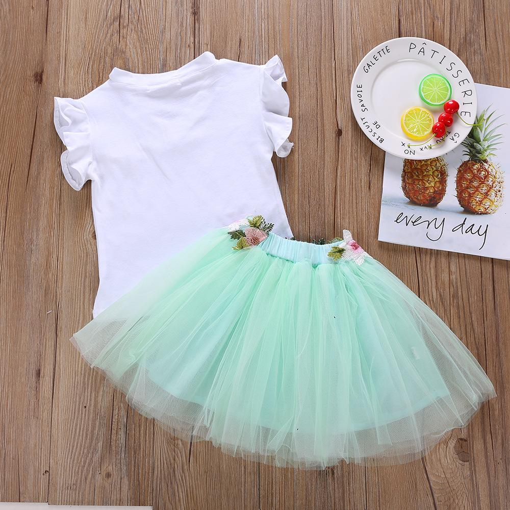 Girls Flower Letter Printed Short-sleeve Top & Tulle Skirt Girls Clothes Wholesale - PrettyKid