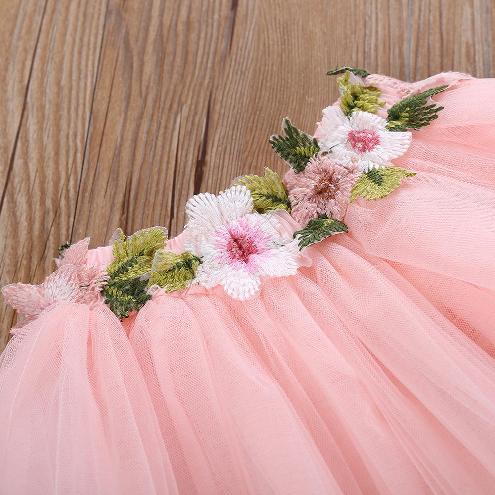 Girls Flower Letter Printed Short-sleeve Top & Tulle Skirt Girls Clothes Wholesale - PrettyKid