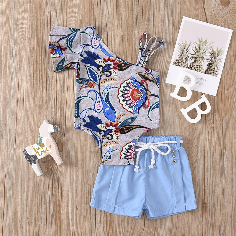 Baby Girls Flower Printed Irregular Collar Romper & Solid Shorts Wholesale Baby Clothes Suppliers - PrettyKid