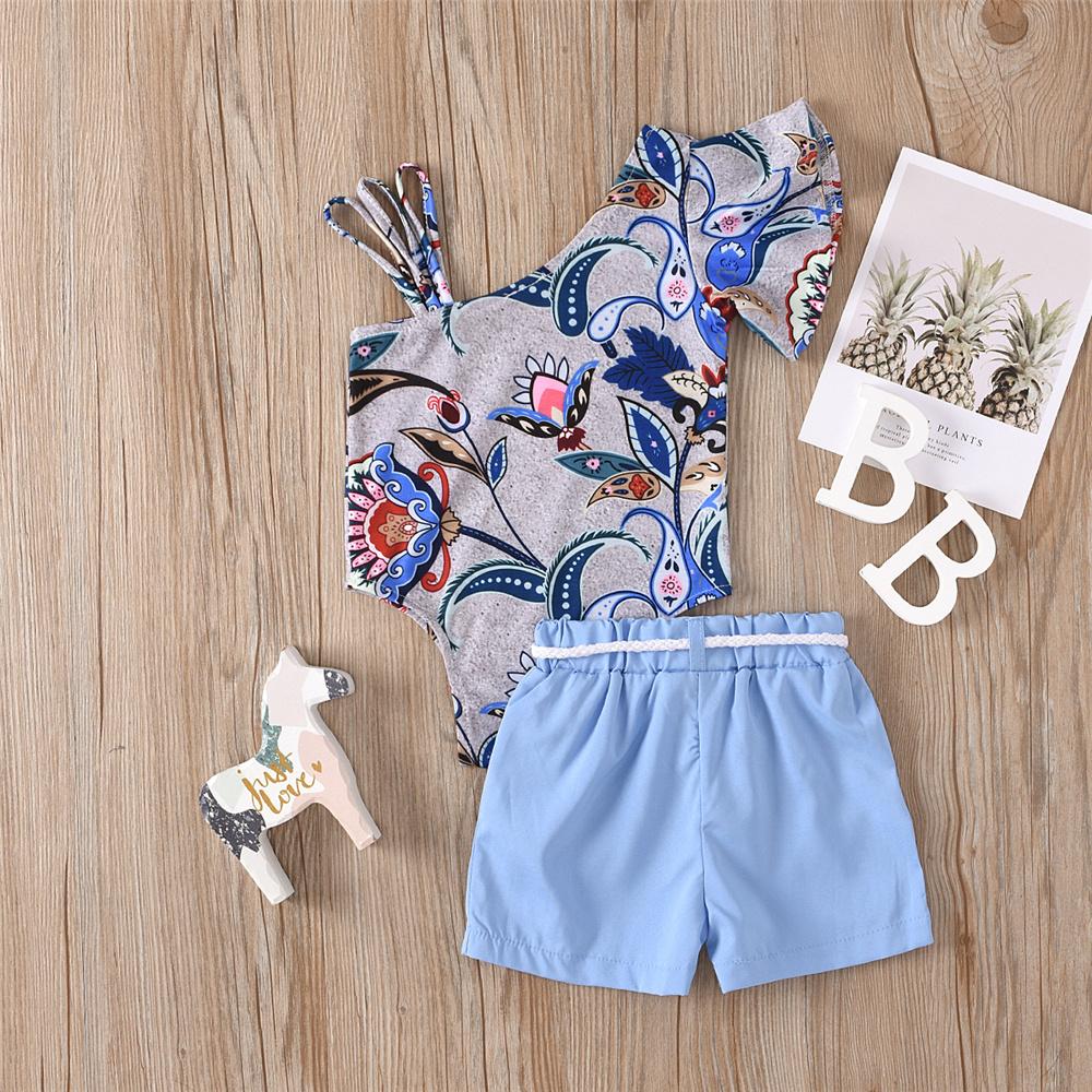 Baby Girls Flower Printed Irregular Collar Romper & Solid Shorts Wholesale Baby Clothes Suppliers - PrettyKid