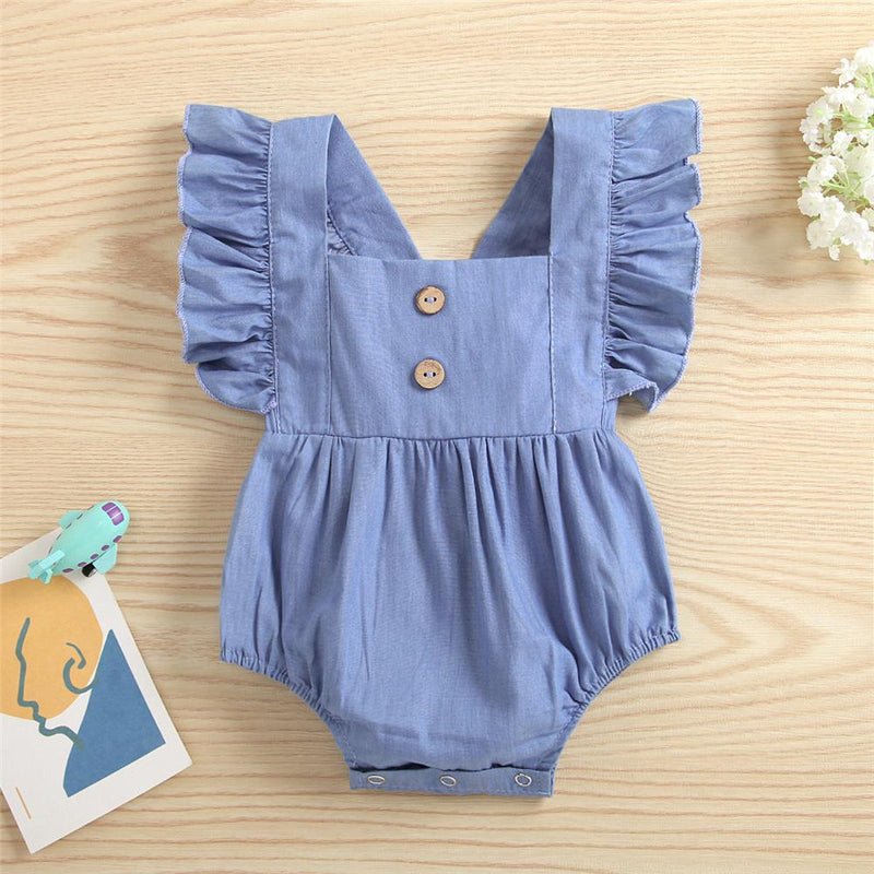 Baby Girls Flying Sleeve Button Solid Romper baby wholesale kid clothing vendors - PrettyKid