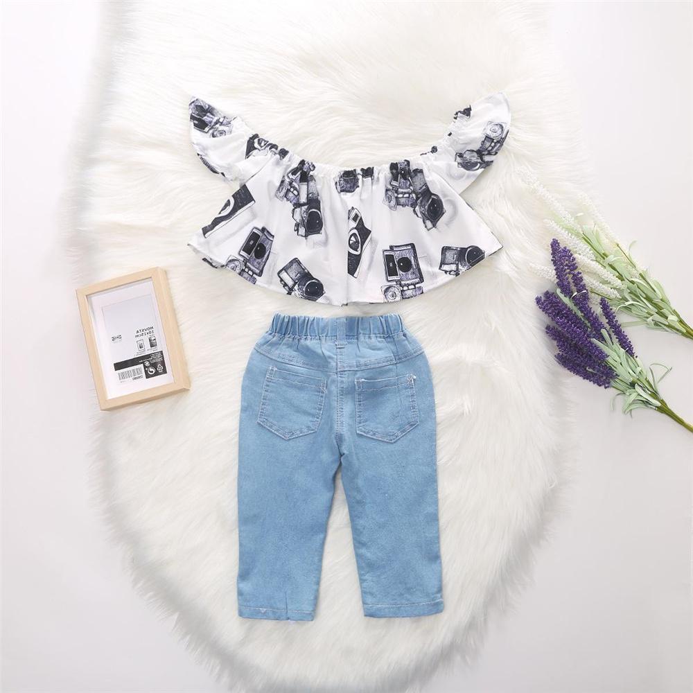 Toddler Girls Flying Sleeve Cartoon Printed Off Shoulder Top & Jeans wholesale kids jackets - PrettyKid