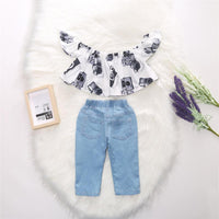 Toddler Girls Flying Sleeve Cartoon Printed Off Shoulder Top & Jeans wholesale kids jackets - PrettyKid