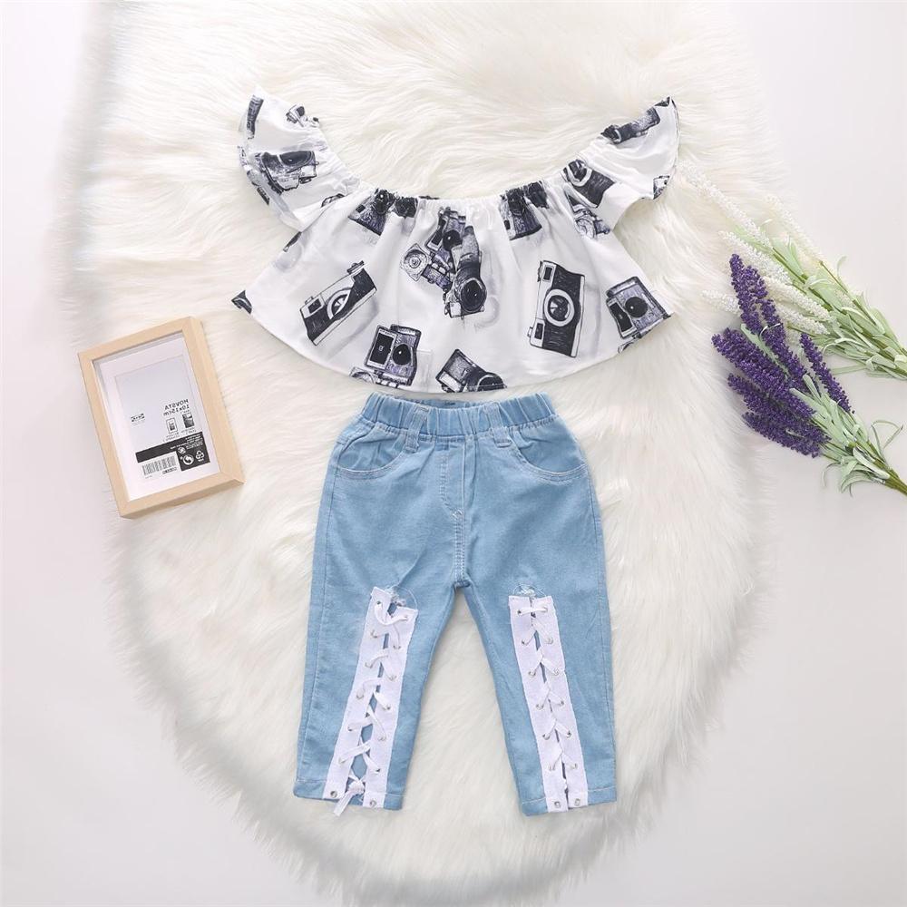 Toddler Girls Flying Sleeve Cartoon Printed Off Shoulder Top & Jeans wholesale kids jackets - PrettyKid
