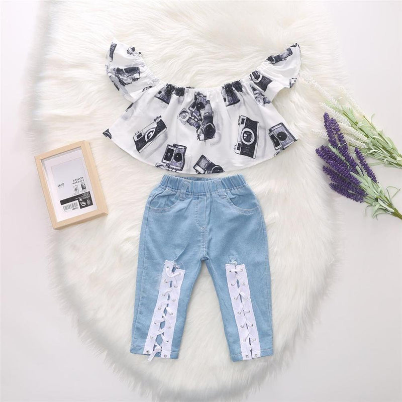 Toddler Girls Flying Sleeve Cartoon Printed Off Shoulder Top & Jeans wholesale kids jackets - PrettyKid