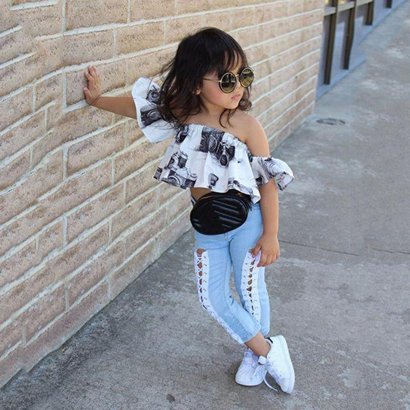Toddler Girls Flying Sleeve Cartoon Printed Off Shoulder Top & Jeans wholesale kids jackets - PrettyKid